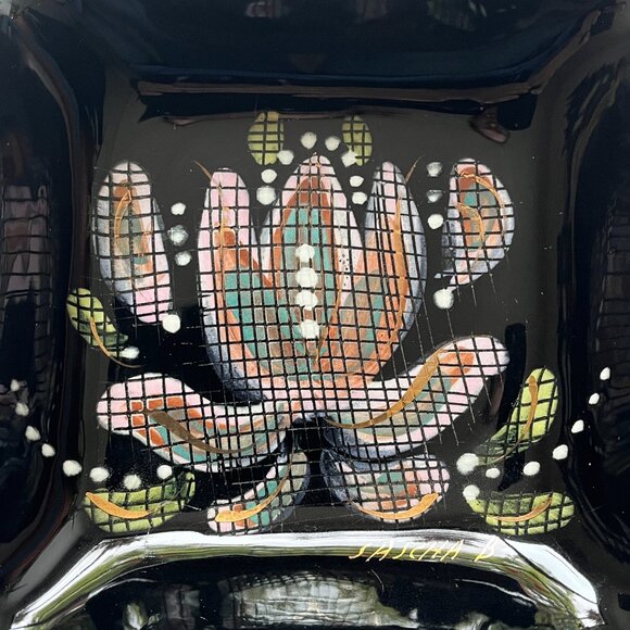 Vintage MCM Mid Century Sascha Brastoff Black Floral Ceramic Square Dish - Picture 2 of 6